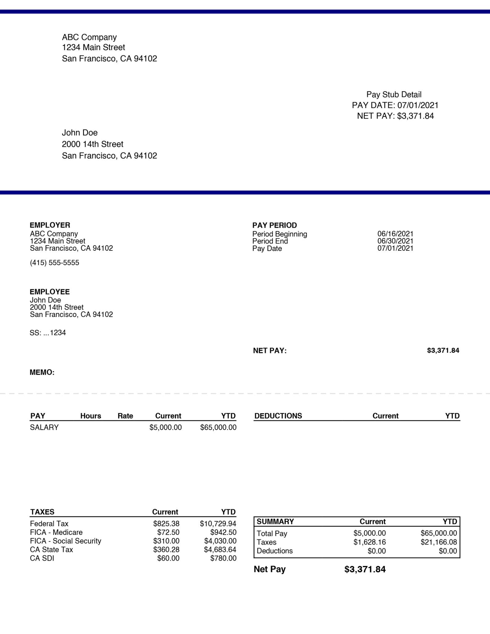 Free Contractor Pay Stub Template